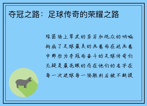 夺冠之路：足球传奇的荣耀之路